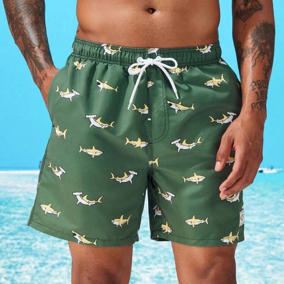 Swimmode Men Shark Print Letter Patched Detail Drawstring Waist Swim Trunks - Picture 3 of 4